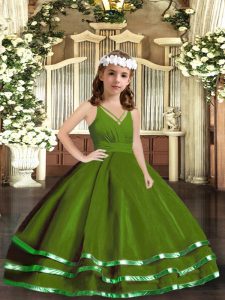 V-neck Sleeveless Pageant Dress Wholesale Floor Length Ruffled Layers Green Tulle