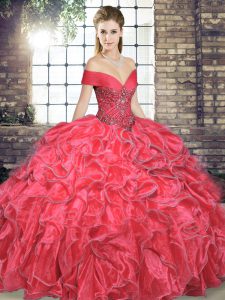 Edgy Coral Red Ball Gowns Off The Shoulder Sleeveless Organza Floor Length Lace Up Beading and Ruffles Quinceanera Gown