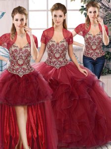 Burgundy Three Pieces Beading and Ruffles Quince Ball Gowns Lace Up Tulle Sleeveless Floor Length