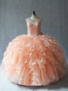 Glittering Peach Ball Gowns Beading and Ruffles Vestidos de Quinceanera Lace Up Organza Sleeveless Floor Length