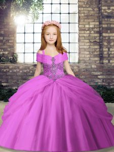 Straps Sleeveless Little Girl Pageant Gowns Floor Length Beading Lilac Tulle