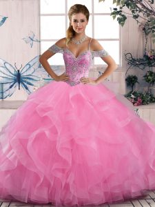 Rose Pink Ball Gowns Beading and Ruffles Ball Gown Prom Dress Lace Up Tulle Sleeveless Floor Length