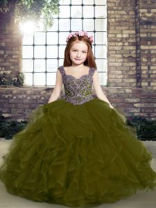 Best Olive Green Ball Gowns Tulle Straps Sleeveless Beading and Ruffles Floor Length Lace Up Kids Pageant Dress