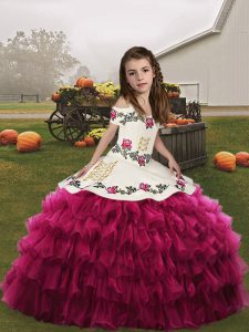Discount Fuchsia Spaghetti Straps Lace Up Embroidery and Ruffled Layers Pageant Gowns For Girls Sleeveless