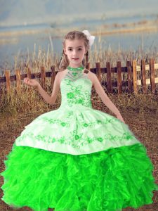 Beading and Embroidery and Ruffles Kids Formal Wear Green Lace Up Sleeveless Floor Length