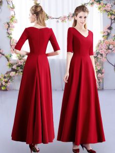 Delicate Wine Red Empire Ruching Dama Dress Zipper Satin Half Sleeves Ankle Length