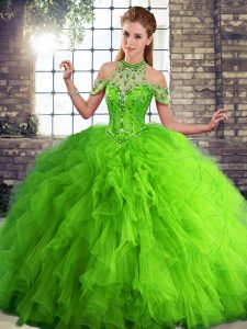 Green Vestidos de Quinceanera Military Ball and Sweet 16 and Quinceanera with Beading and Ruffles Halter Top Sleeveless Lace Up