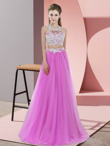 Floor Length Lilac Court Dresses for Sweet 16 Halter Top Sleeveless Zipper