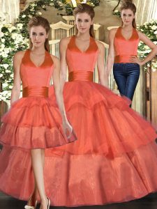 Romantic Ball Gowns Ball Gown Prom Dress Orange Halter Top Organza Sleeveless Floor Length Lace Up