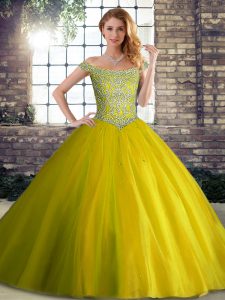 Best Selling Yellow Green Quinceanera Dresses Tulle Brush Train Sleeveless Beading