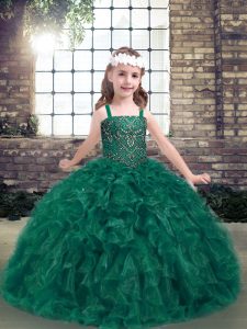 Dark Green Ball Gowns Straps Sleeveless Organza Floor Length Lace Up Beading and Ruffles Girls Pageant Dresses