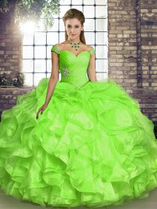 Fine Ball Gowns Quinceanera Gowns Yellow Green Off The Shoulder Organza Sleeveless Floor Length Lace Up