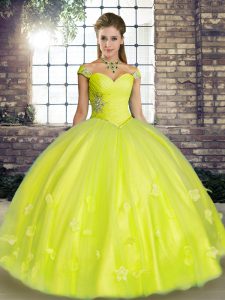 New Arrival Beading and Appliques Ball Gown Prom Dress Yellow Green Lace Up Sleeveless Floor Length
