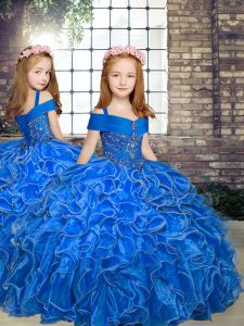 Ball Gowns Little Girls Pageant Dress Blue Straps Organza Sleeveless Floor Length Lace Up