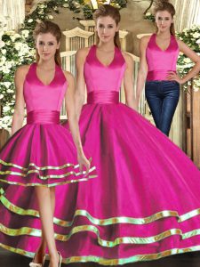 Best Selling Fuchsia Sleeveless Floor Length Ruffled Layers Lace Up Quinceanera Dresses