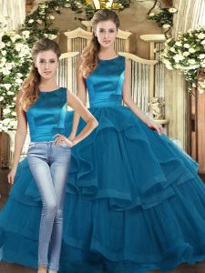 Admirable Floor Length Lace Up Quinceanera Gowns Teal for Military Ball and Sweet 16 and Quinceanera with Ruffles