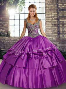 Custom Designed Purple Taffeta Lace Up Quinceanera Dresses Sleeveless Floor Length Beading and Ruffled Layers