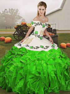 Edgy Green Ball Gowns Organza Off The Shoulder Sleeveless Embroidery and Ruffles Floor Length Lace Up Quince Ball Gowns