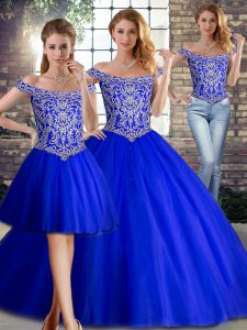 Suitable Lace Up Sweet 16 Dress Royal Blue for Military Ball and Sweet 16 and Quinceanera with Beading Brush Train