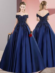 Perfect Navy Blue A-line Lace Juniors Party Dress Zipper Satin Sleeveless Floor Length