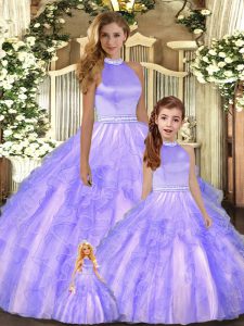 Discount Sleeveless Tulle Floor Length Backless Quinceanera Gown in Lavender with Beading and Ruffles