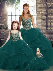 Nice Ball Gowns Sweet 16 Dresses Peacock Green Straps Tulle Sleeveless Floor Length Lace Up