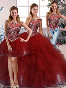 Customized Burgundy Quinceanera Gowns Military Ball and Sweet 16 and Quinceanera with Beading and Ruffles Scoop Sleeveless Zipper