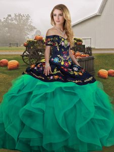 Modern Ball Gowns Quince Ball Gowns Turquoise Off The Shoulder Tulle Sleeveless Floor Length Lace Up