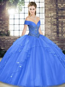 Blue Ball Gowns Off The Shoulder Sleeveless Tulle Floor Length Lace Up Beading and Ruffles Vestidos de Quinceanera