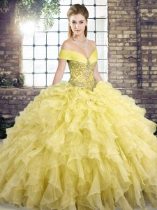 Designer Yellow Lace Up Quinceanera Gown Beading and Ruffles Sleeveless Brush Train