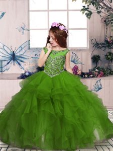 Sleeveless Floor Length Beading and Ruffles Zipper Pageant Dress with Olive Green