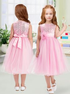 Scoop Sleeveless High School Pageant Dress Tea Length Sequins and Hand Made Flower Rose Pink Organza