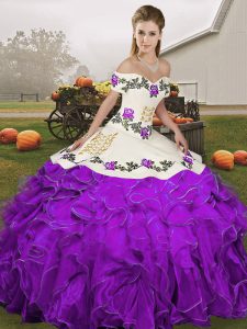 Stylish White And Purple Organza Lace Up Off The Shoulder Sleeveless Floor Length Quinceanera Gowns Embroidery and Ruffles