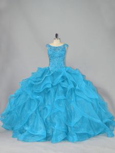 Aqua Blue Ball Gowns Scoop Sleeveless Organza Brush Train Lace Up Beading and Ruffles Sweet 16 Dresses