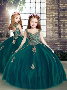 Custom Fit Straps Sleeveless Lace Up Pageant Gowns For Girls Peacock Green Tulle