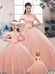 Classical Pink Ball Gowns Tulle Off The Shoulder Short Sleeves Lace and Hand Made Flower Floor Length Lace Up Vestidos de Quinceanera