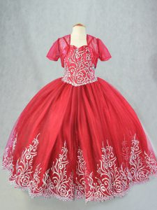 Modern Beading and Embroidery Girls Pageant Dresses Red Lace Up Sleeveless Floor Length