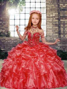 Floor Length Lace Up Custom Made Pageant Dress Red for Party and Wedding Party with Beading and Ruffles