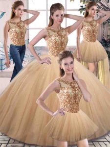 Gold Sleeveless Floor Length Beading Lace Up Quince Ball Gowns