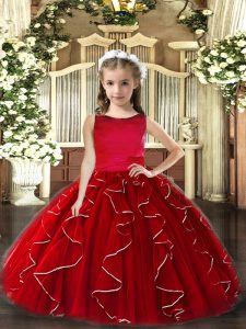 Floor Length Red Kids Pageant Dress Scoop Sleeveless Lace Up