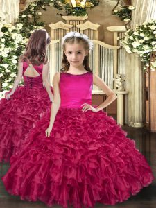 Ball Gowns Child Pageant Dress Fuchsia Scoop Organza Sleeveless Floor Length Lace Up