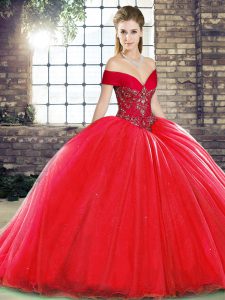 Adorable Ball Gowns Sleeveless Red Ball Gown Prom Dress Brush Train Lace Up