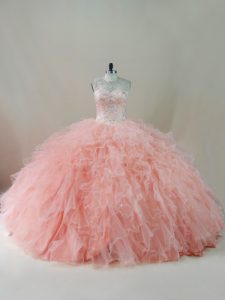 Peach Lace Up Scoop Beading and Ruffles Quinceanera Dresses Tulle Sleeveless