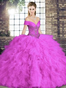 Stunning Lilac Lace Up Sweet 16 Dress Beading and Ruffles Sleeveless Floor Length