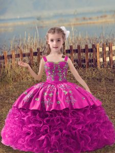 Custom Design Sweep Train Ball Gowns Kids Formal Wear Fuchsia Straps Fabric With Rolling Flowers Sleeveless Lace Up