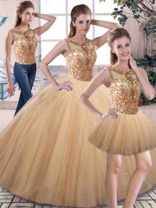 Hot Sale Gold Sleeveless Beading Floor Length 15th Birthday Dress