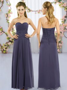 Sophisticated Navy Blue Empire Chiffon Sweetheart Sleeveless Ruching Floor Length Lace Up Dama Dress