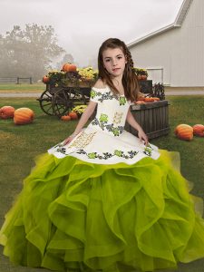 Olive Green Ball Gowns Straps Sleeveless Organza Floor Length Lace Up Embroidery and Ruffles Little Girls Pageant Gowns