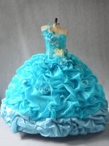 New Style Organza One Shoulder Sleeveless Lace Up Pick Ups and Hand Made Flower Sweet 16 Quinceanera Dress in Aqua Blue