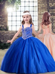 Customized Royal Blue Lace Up Straps Beading Child Pageant Dress Tulle Sleeveless